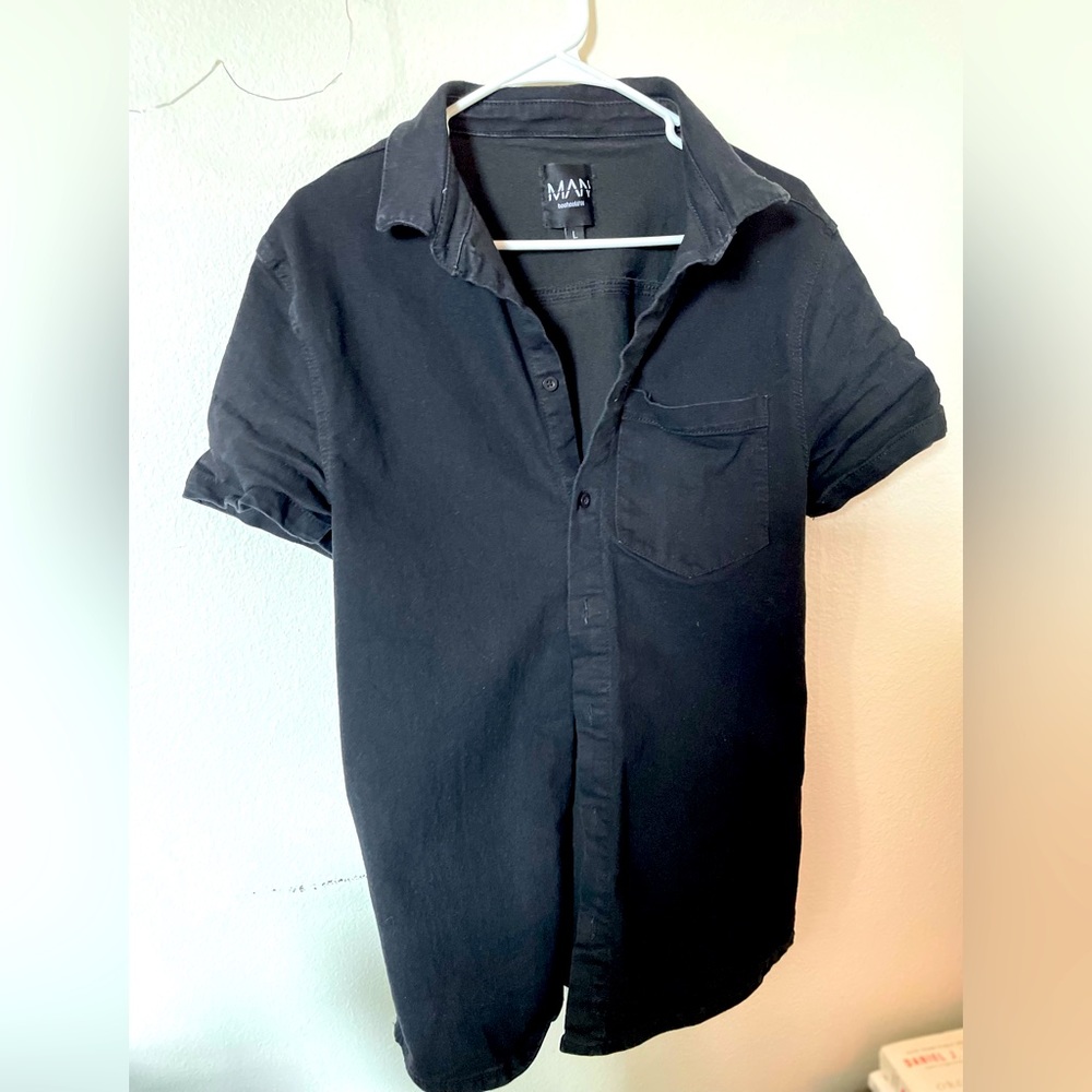 Mens Fitted Black Denim Polo Shirt - Size L